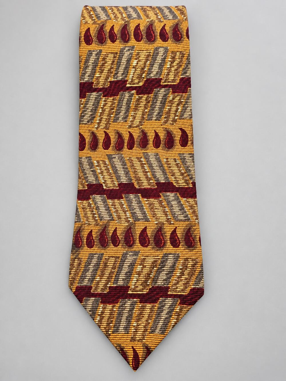 Countess Mara Men’s Silk Tie Gold Burgundy Gray Geometric Abstract Made USA